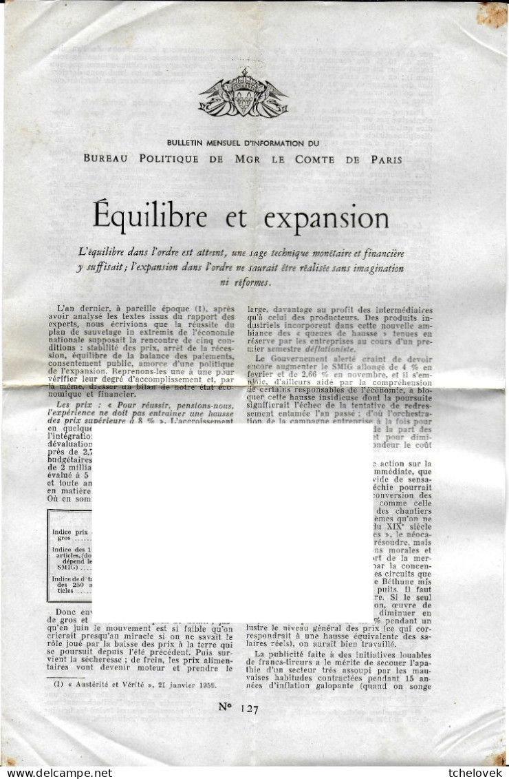 (Divers). Document Historique. Bulletin Mensuel D'information Comte De Paris N° 127 20 Janvier 1960 - Documents Historiques