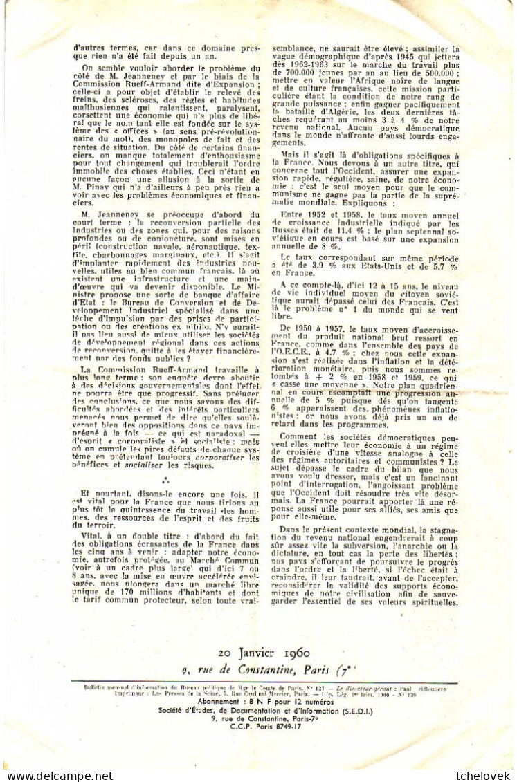 (Divers). Document Historique. Bulletin Mensuel D'information Comte De Paris N° 127 20 Janvier 1960 - Documents Historiques