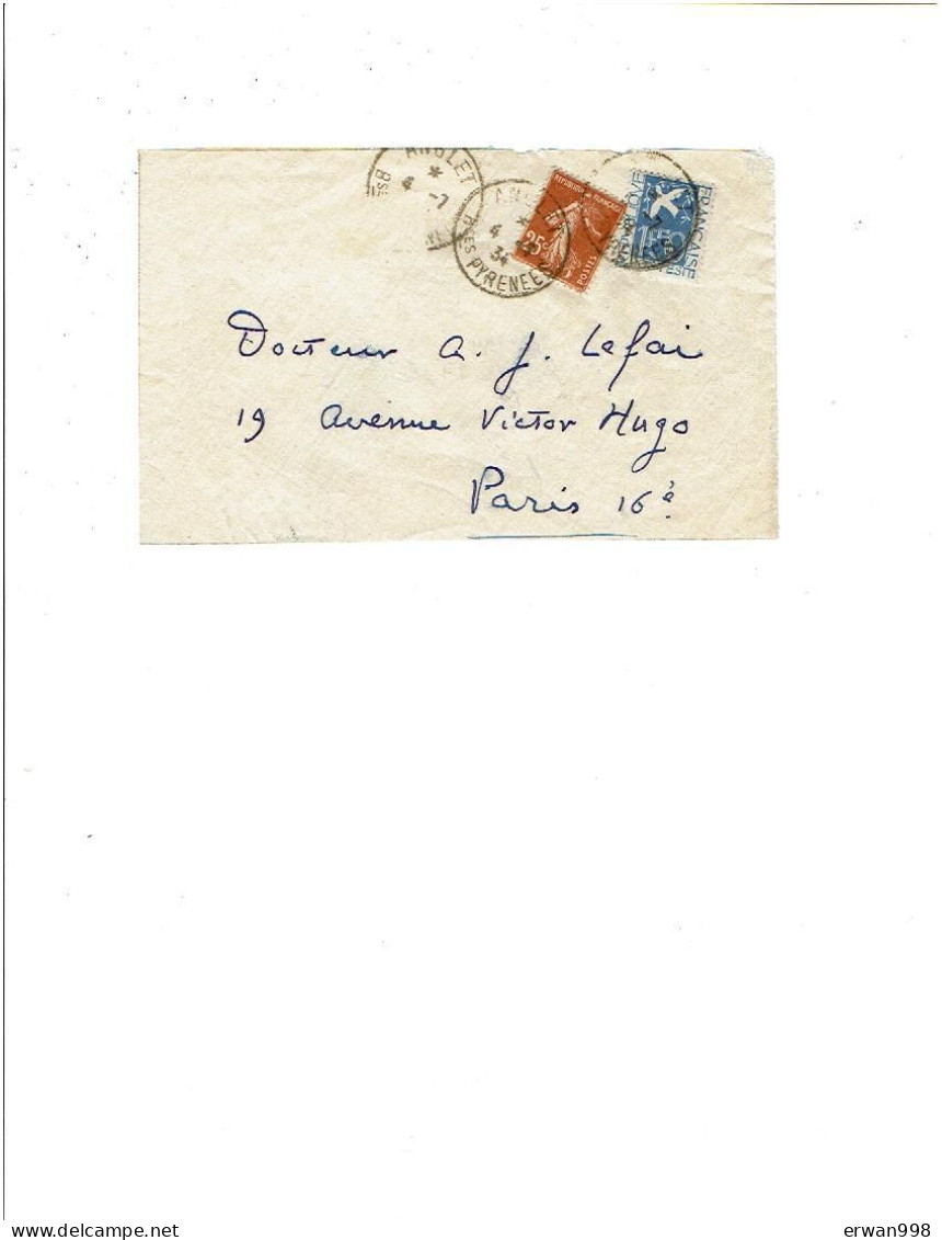 64 ANGLET Devant D'enveloppe Cachet Manuel S/ YT 294 (colombe De La Paix) Et Semeuse 25c Bistre  4/7/1934 (180) - Lettres & Documents