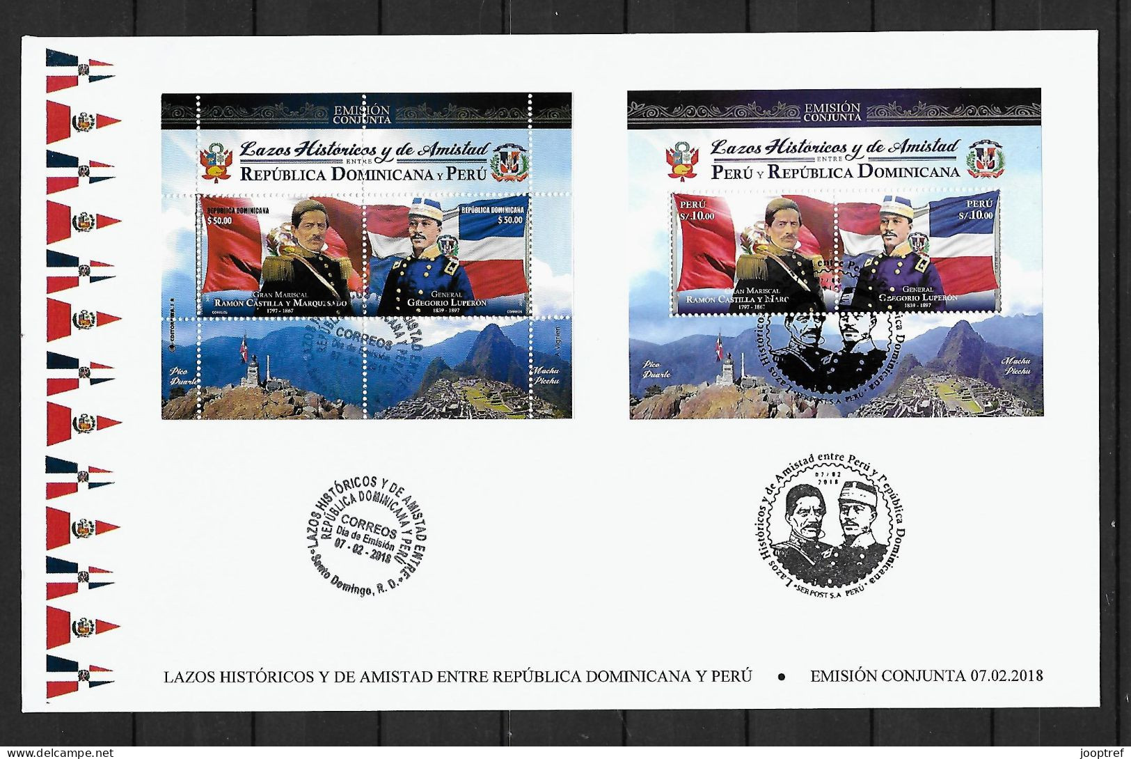 VERY RARE 2018 Joint Dominican Republic And Peru, MIXED FDC WITH BOTH SOUVENIR SHEETS: Famous Politicians - Emissions Communes