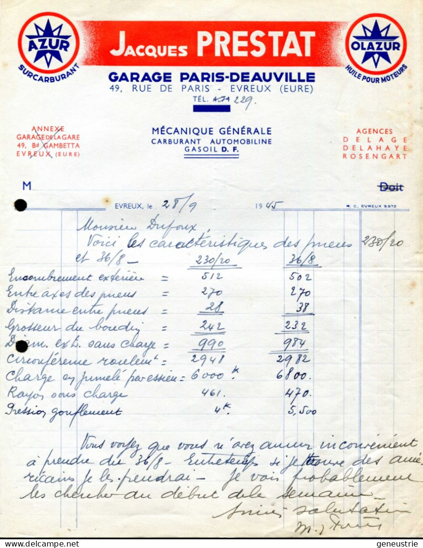 Facture Lettre à Entête 1945 "Jacques Prestat - Garage Paris-Deauville à Evreux" Surcarburant Azur - 1900 – 1949