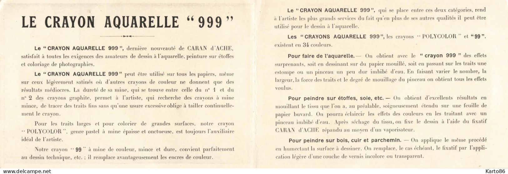 CARAN D'ACHE * Le Crayon Aquarelle 999 * Doc Publicitaire Ancien Illustré Double - Publicité