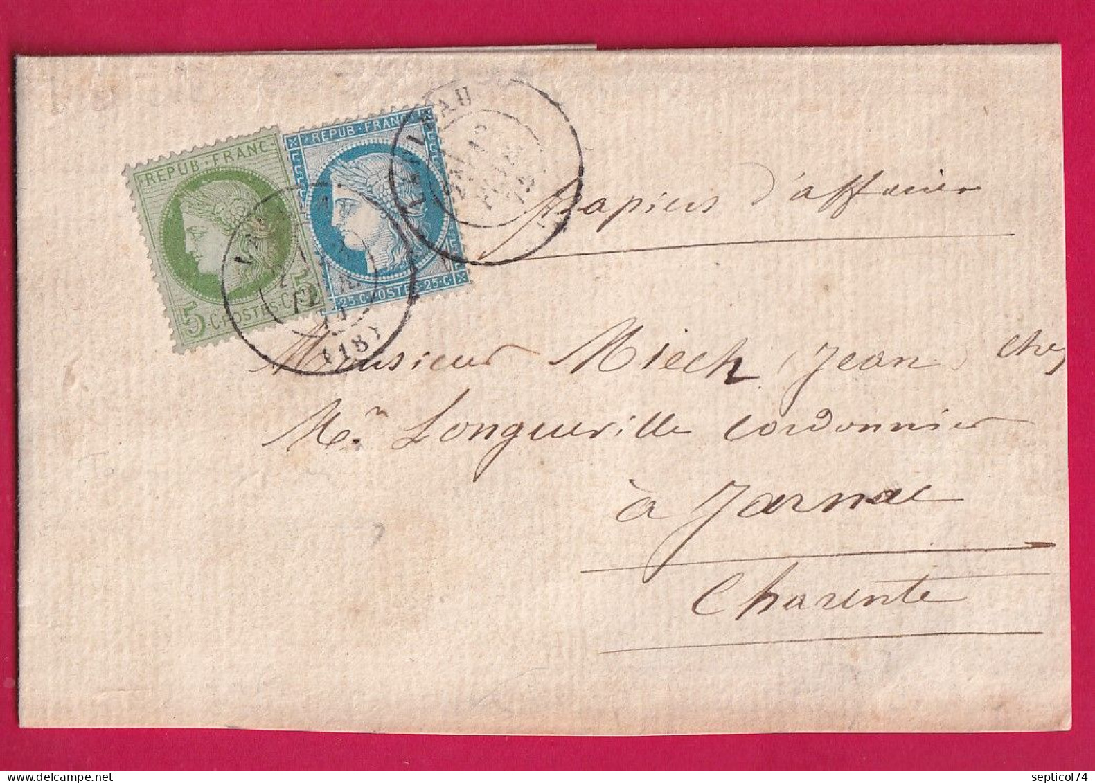 N°53 60 CAD TYPE 17 LAPLEAU CORREZE BANDE PAPIERS AFFAIRES POUR JARNAC CHARENTE LETTRE 1875 - 1849-1876: Période Classique