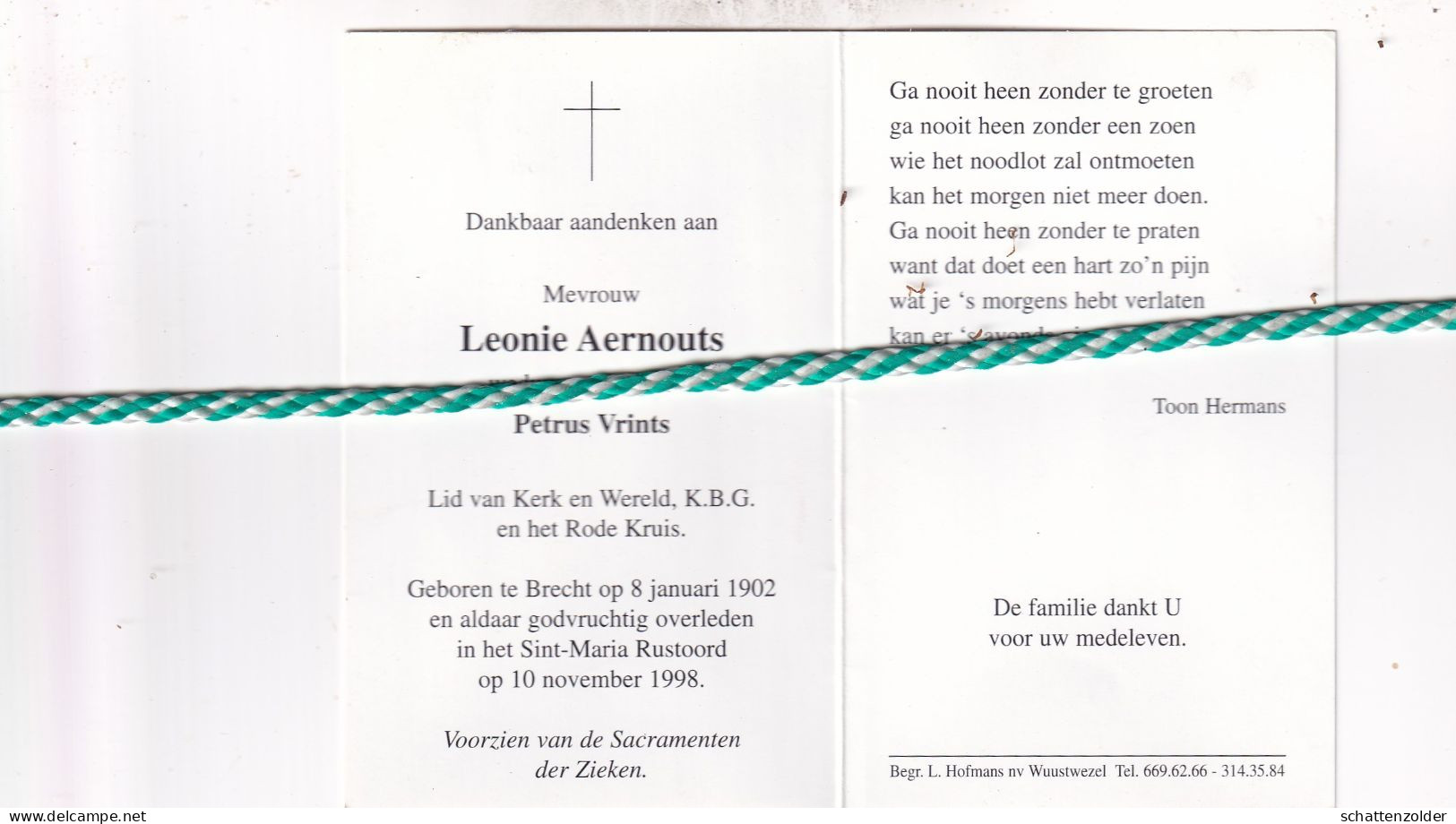 Leonie Aernouts-Vrints, Brecht 1902, 1998. Foto - Overlijden