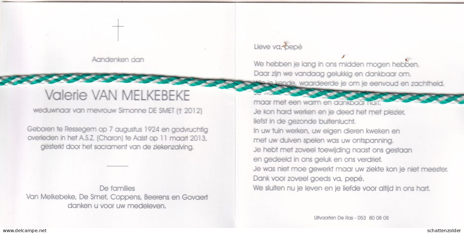 Valerie Van Melkebeke-De Smet, Ressegem 1924, Aalst 2013. Foto - Décès