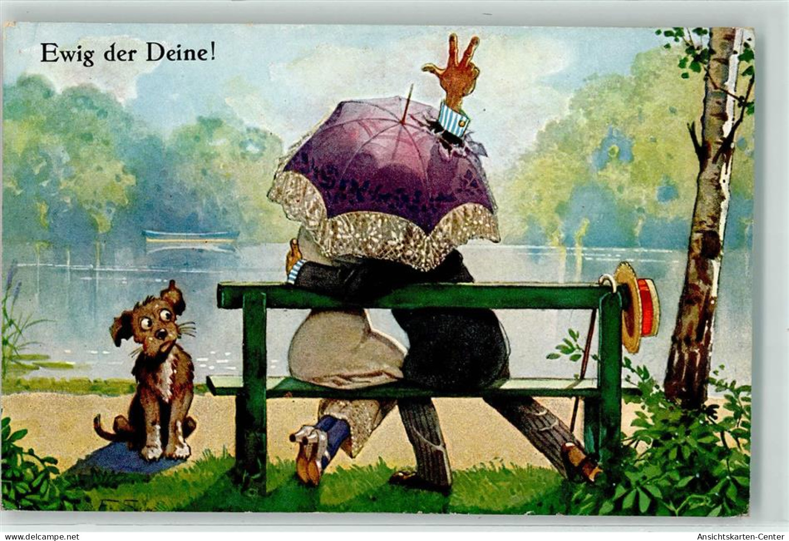 39289011 - Ewig Der Deine - Parkbank Liebespaar Hand Regenschirm  Hund  Erotik - Humour