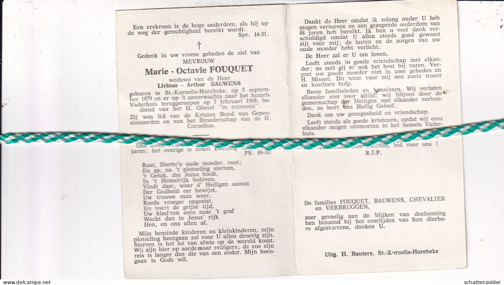 Marie Octavie Fouquet-Bauwens, Sint-Kornelis-Horebeke 1879, 1968 - Obituary Notices