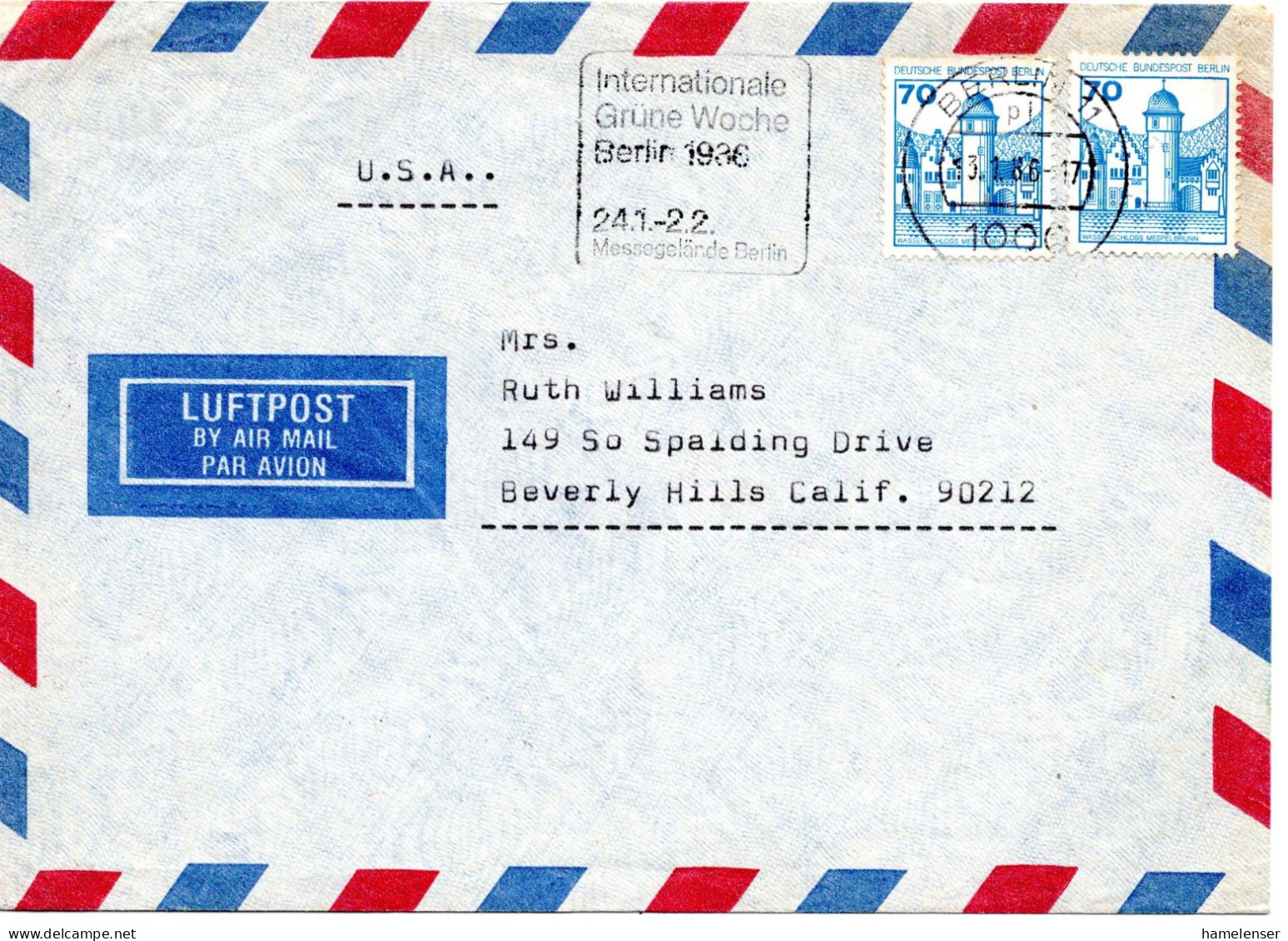 79054 - Berlin - 1980 - 2@70Pfg B&S A LpBf BERLIN - ... GRUENE WOCHE ... -> Beverly Hills, CA (USA) - Covers & Documents
