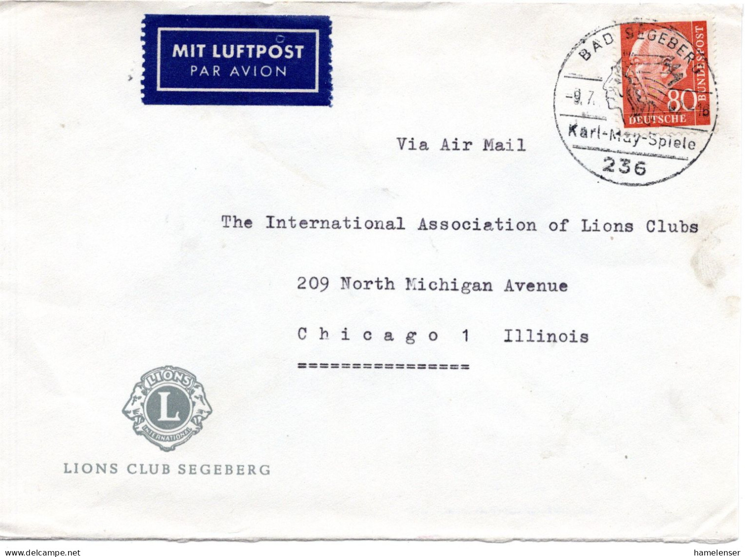 79056 - Bund - 1962 - 80Pfg Heuss II EF A LpBf (Abs: LIONS CLUB) BAD SEGEBERG -> Chicago, IL (USA) - Rotary International & Lions Club