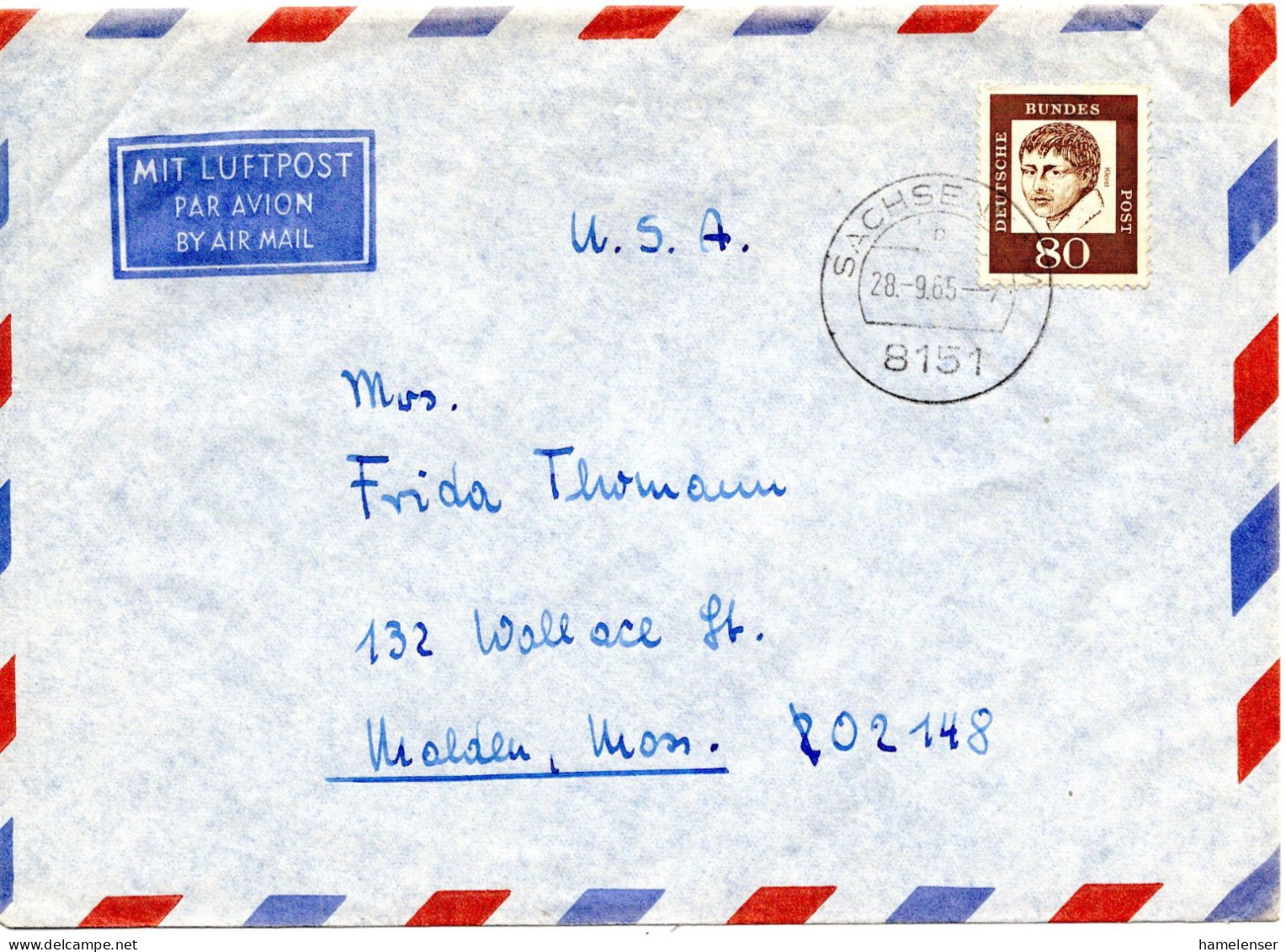 79057 - Bund - 1965 - 80Pfg Kleist EF A LpBf SACHSEN... -> Malden, MA (USA) - Cartas & Documentos