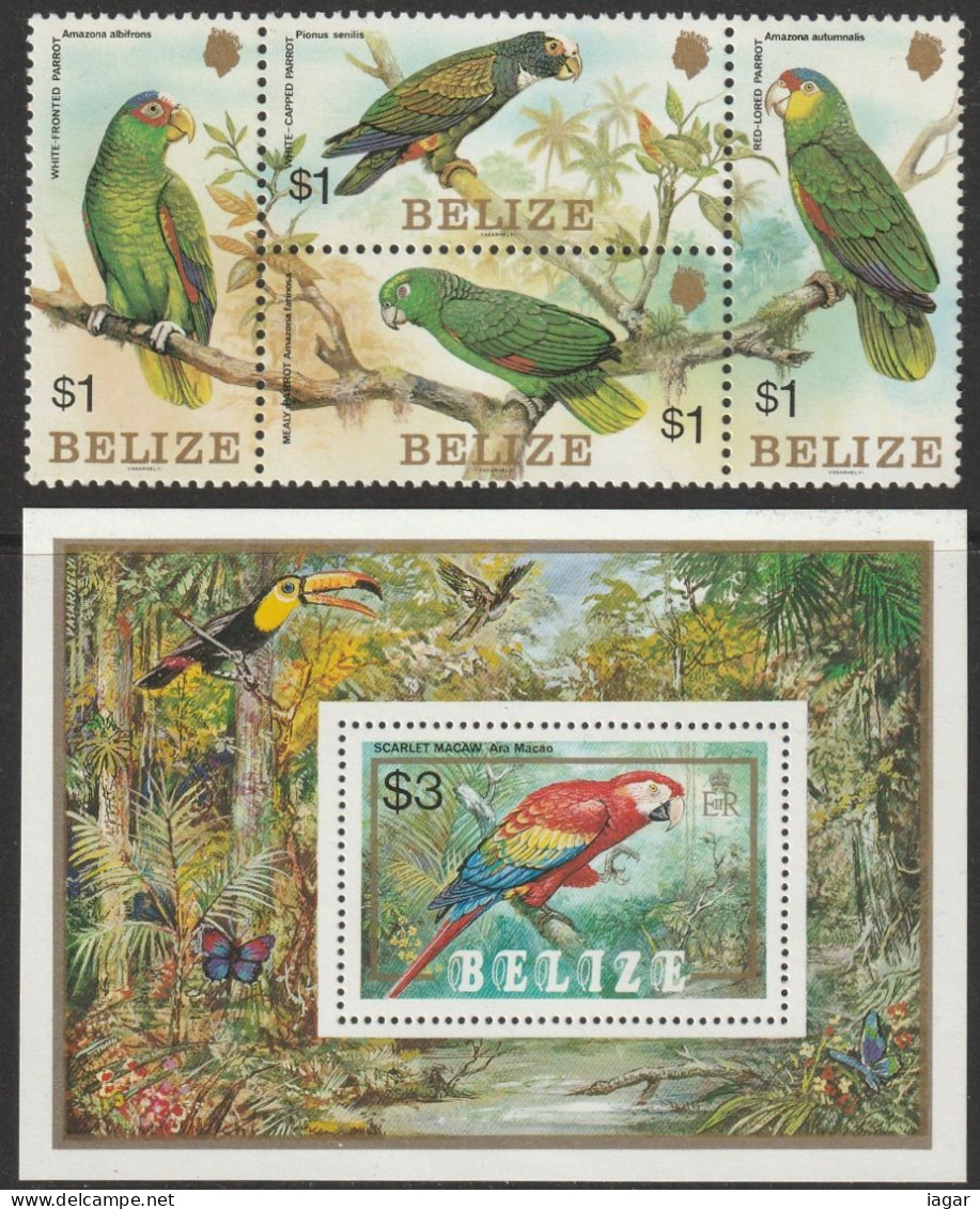 THEMATIC FAUNA:  PARROTS     -   Block Of 4+MS    -    BELIZE - Perroquets & Tropicaux