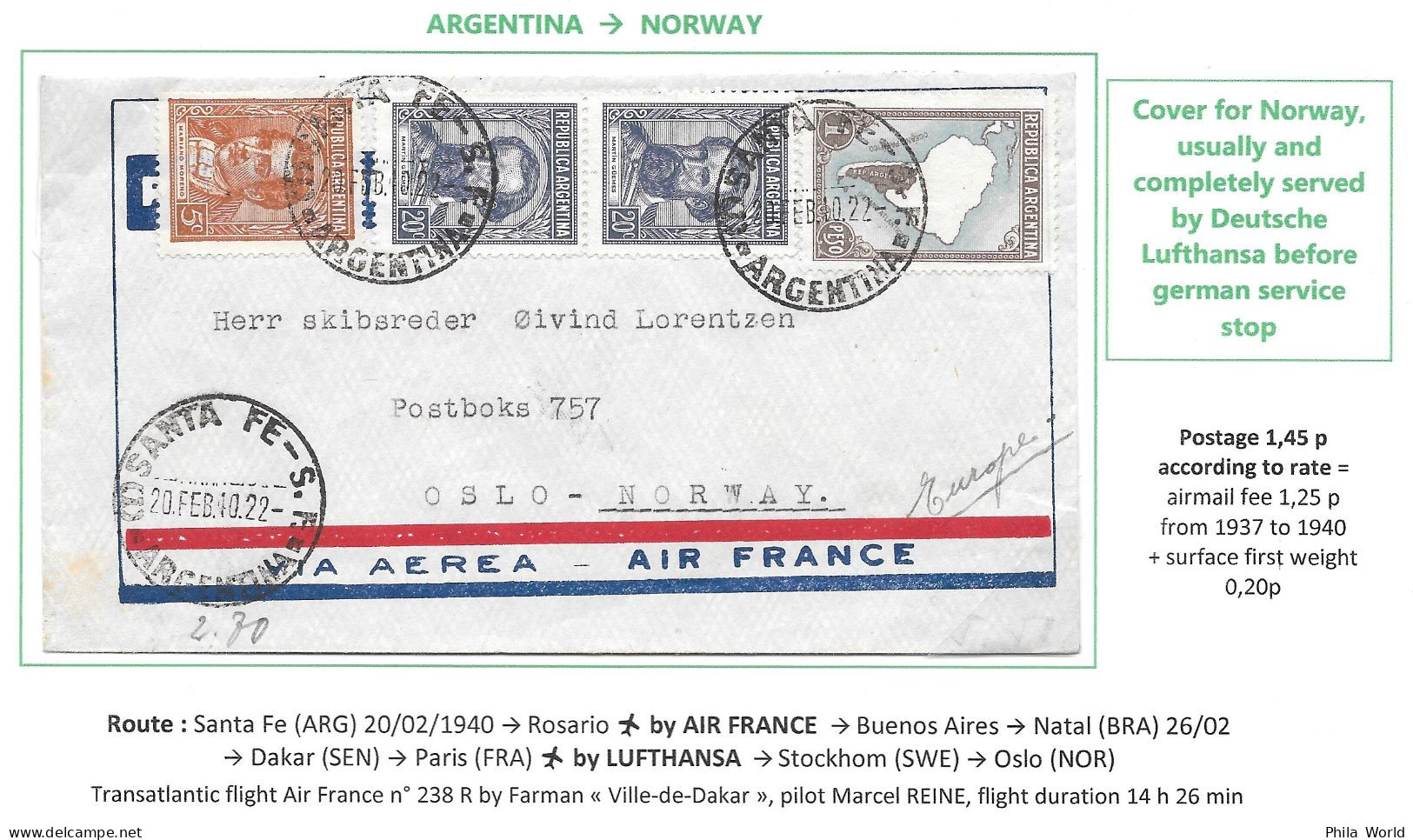 AIR FRANCE 1940 Argentina Santa Fe NORWAY Oslo Airmail Cover AF 238 R Farman Ville De Dakar Pilote Marcel REINE - Avions