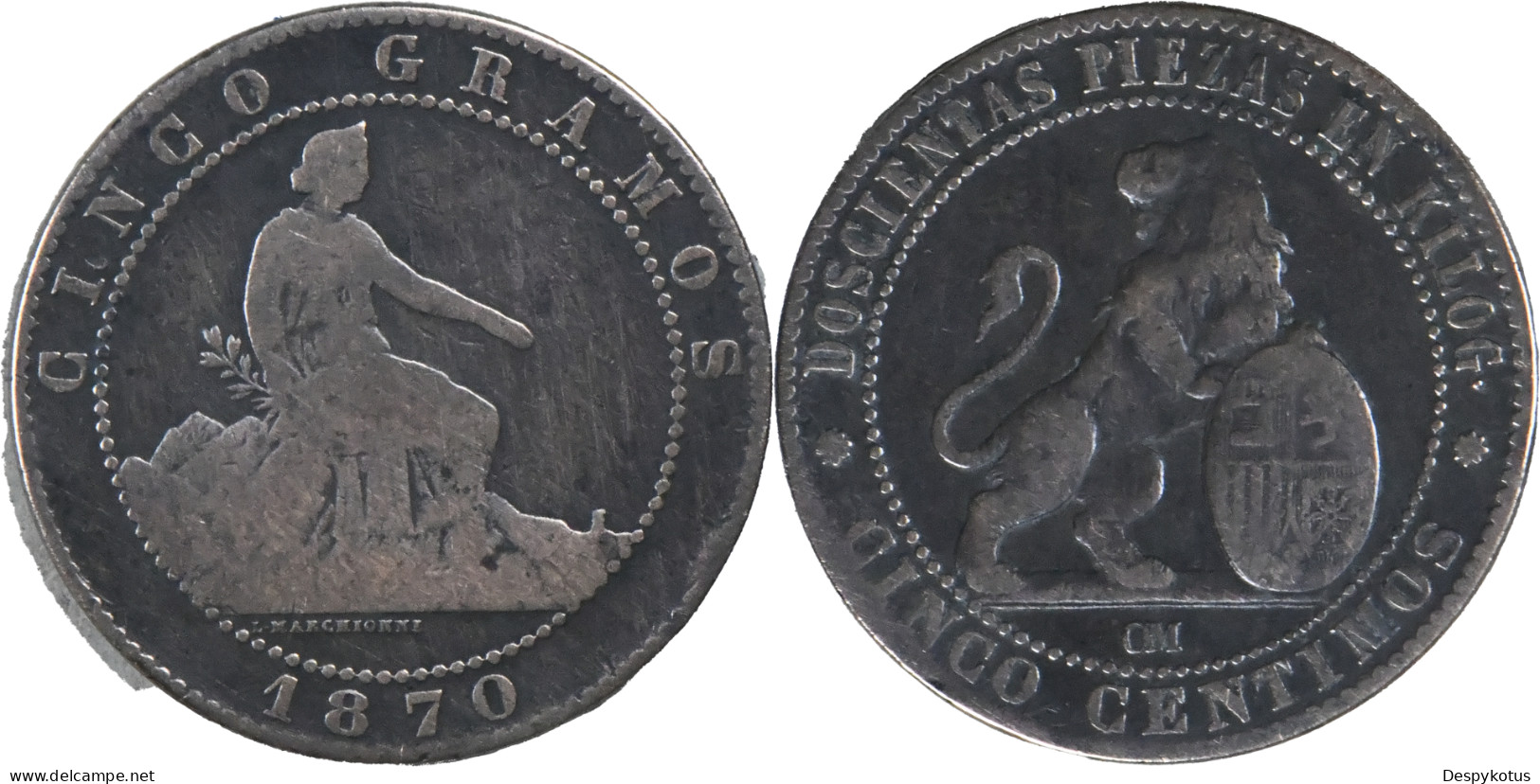 ESPAGNE -1870 - CINCO CENTIMOS - OM - 20-040 - Primi Conii