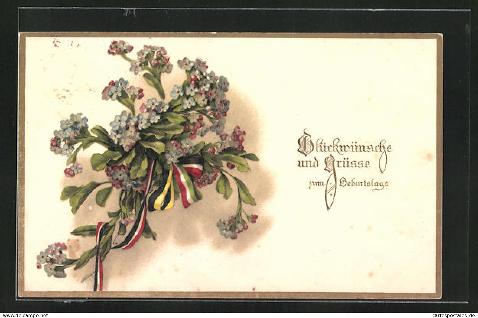 AK Blumen Mit Fahnenbändern, Zweibund, Geburtstagsgruss  - Guerre 1914-18