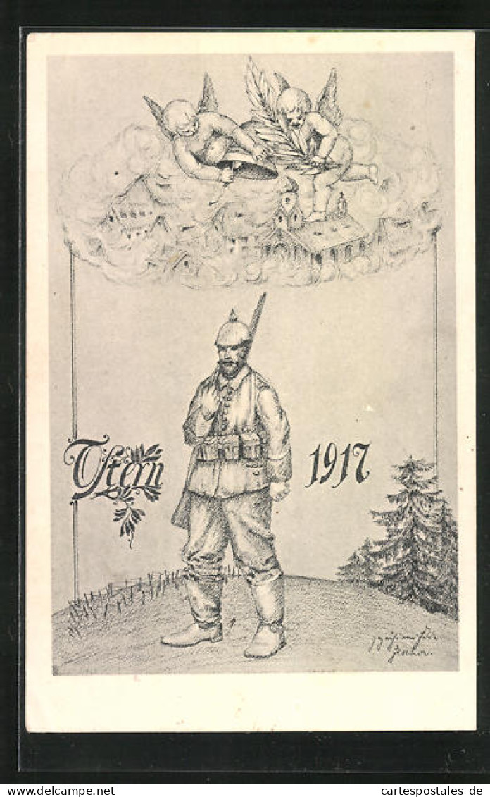 Künstler-AK Kriegs-Ostern 1917, Soldat In Uniform Mit Pickelhaube, Engelchen Läuten Die Friedensglocken  - Guerre 1914-18