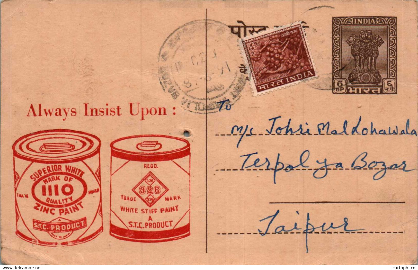 India Postal Stationery Ashoka 6p Superior White Zinc Paint To Jaipur - Cartes Postales