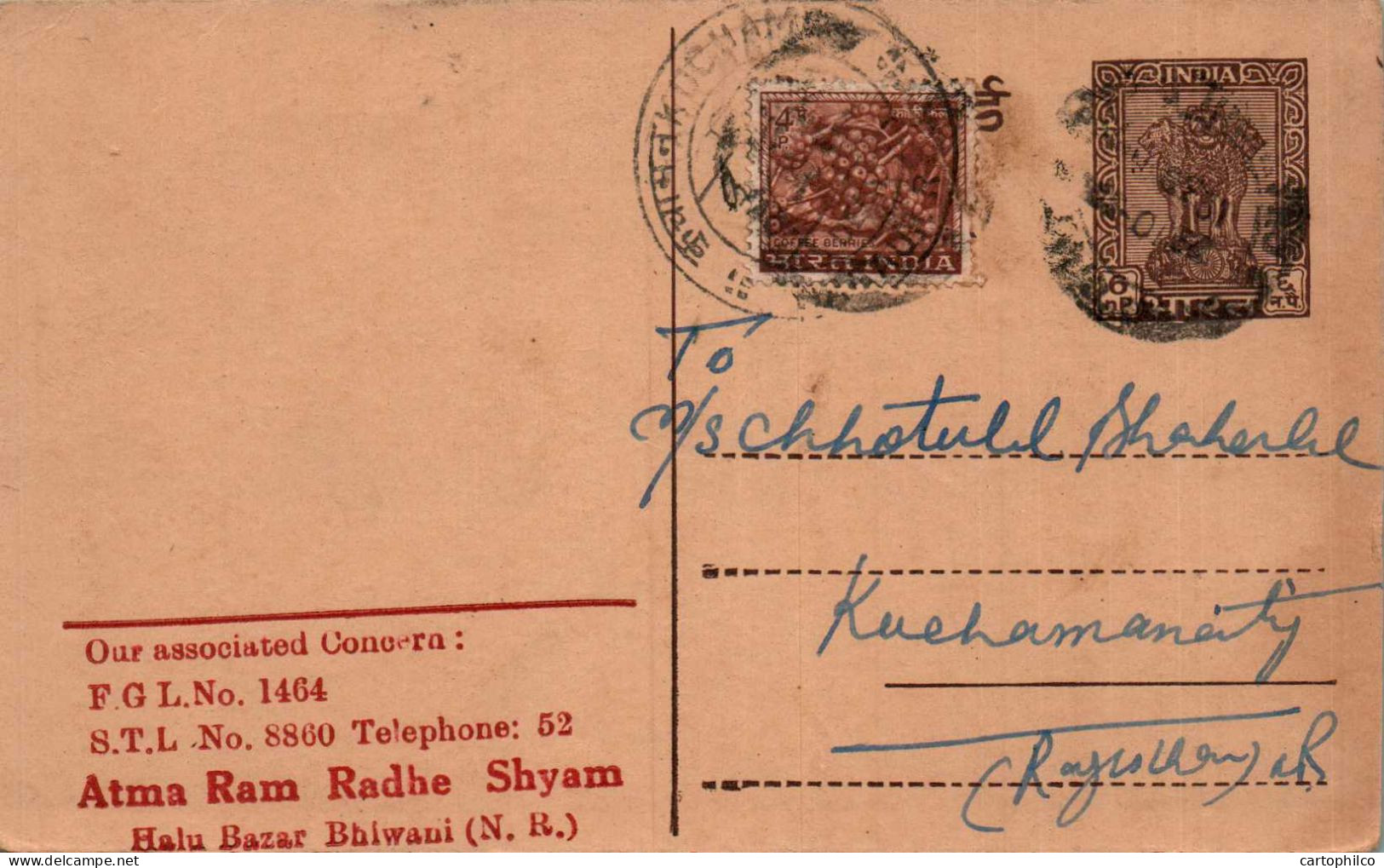 India Postal Stationery Ashoka 6p To Kuchaman  - Cartes Postales