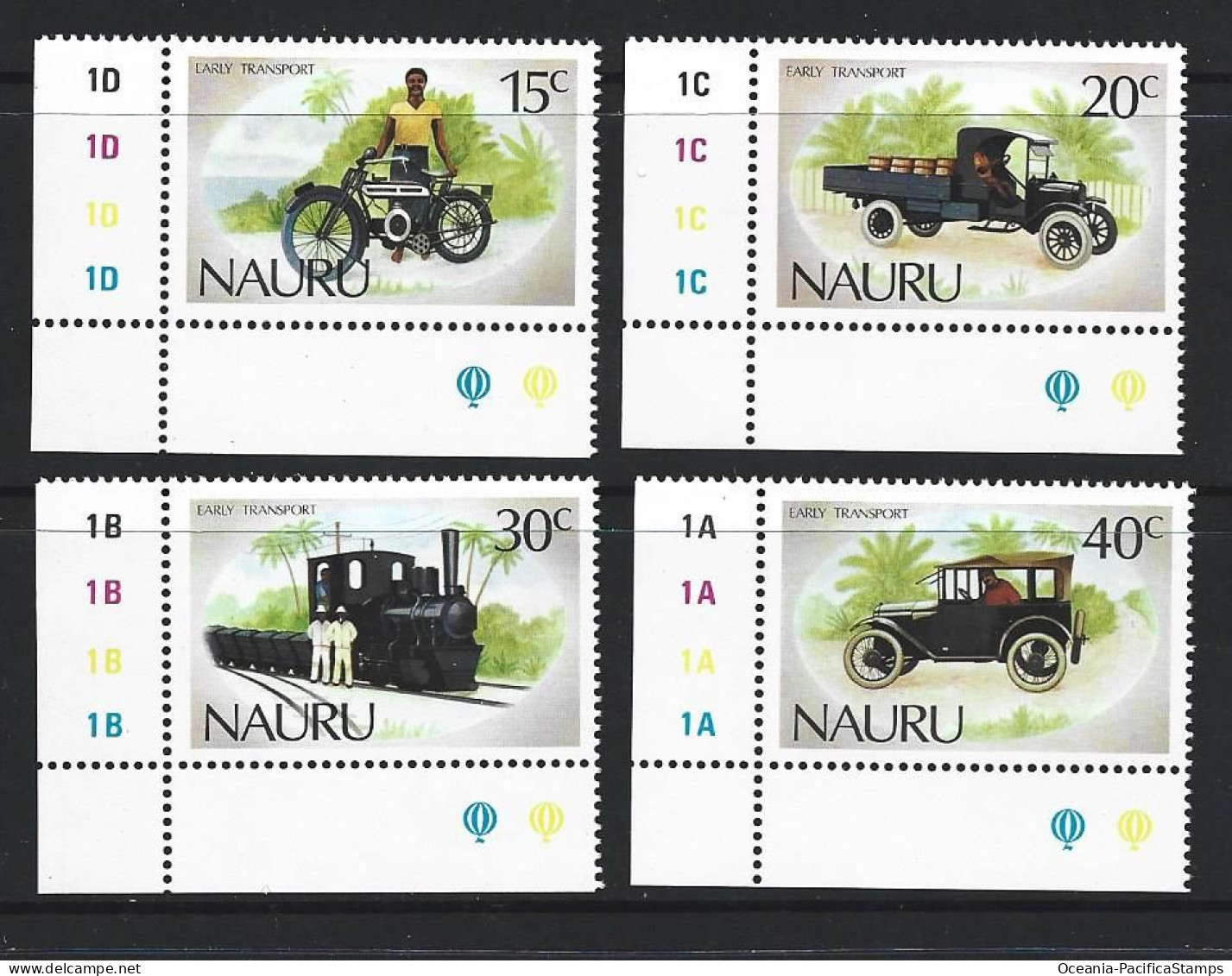 Nauru 1986 Local Transport / Vintage Car - Vehicles Set Of 4 As Marginal Corner Singles With Plate Numbers MNH - Nauru