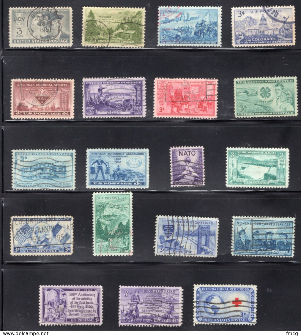 1951 To 1952 Complete Set Of 19 Different 3 Cents Commemorative Stamps, Used - Oblitérés