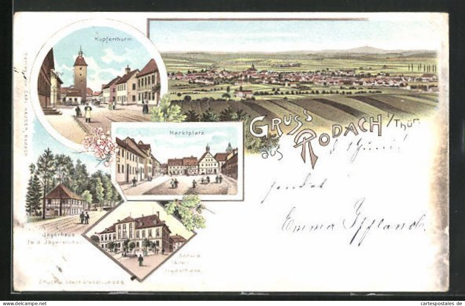 Lithographie Rodach I. Thür., Gasthof Jägerhaus, Kupferthurm, Marktplatz  - Bad Rodach