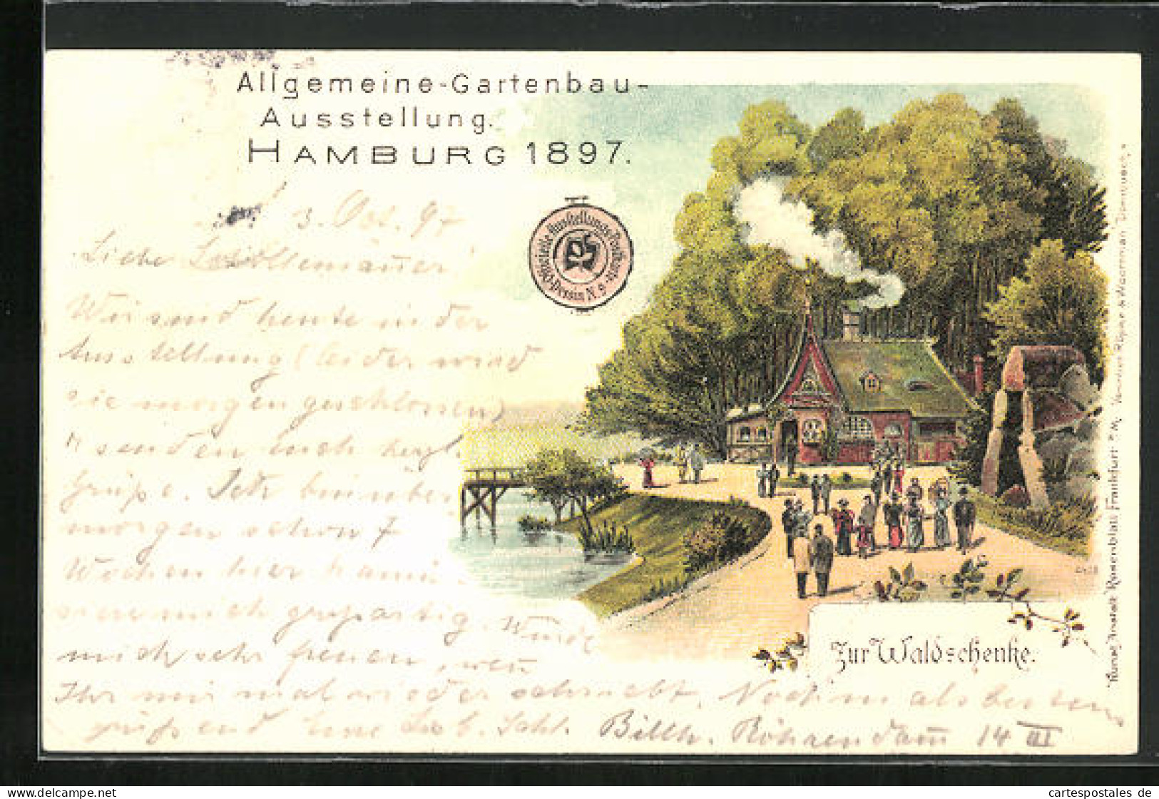 Lithographie Hamburg, Allg. Gartenbau Ausstellung 1897, Gasthaus Zur Waldschenke  - Tentoonstellingen