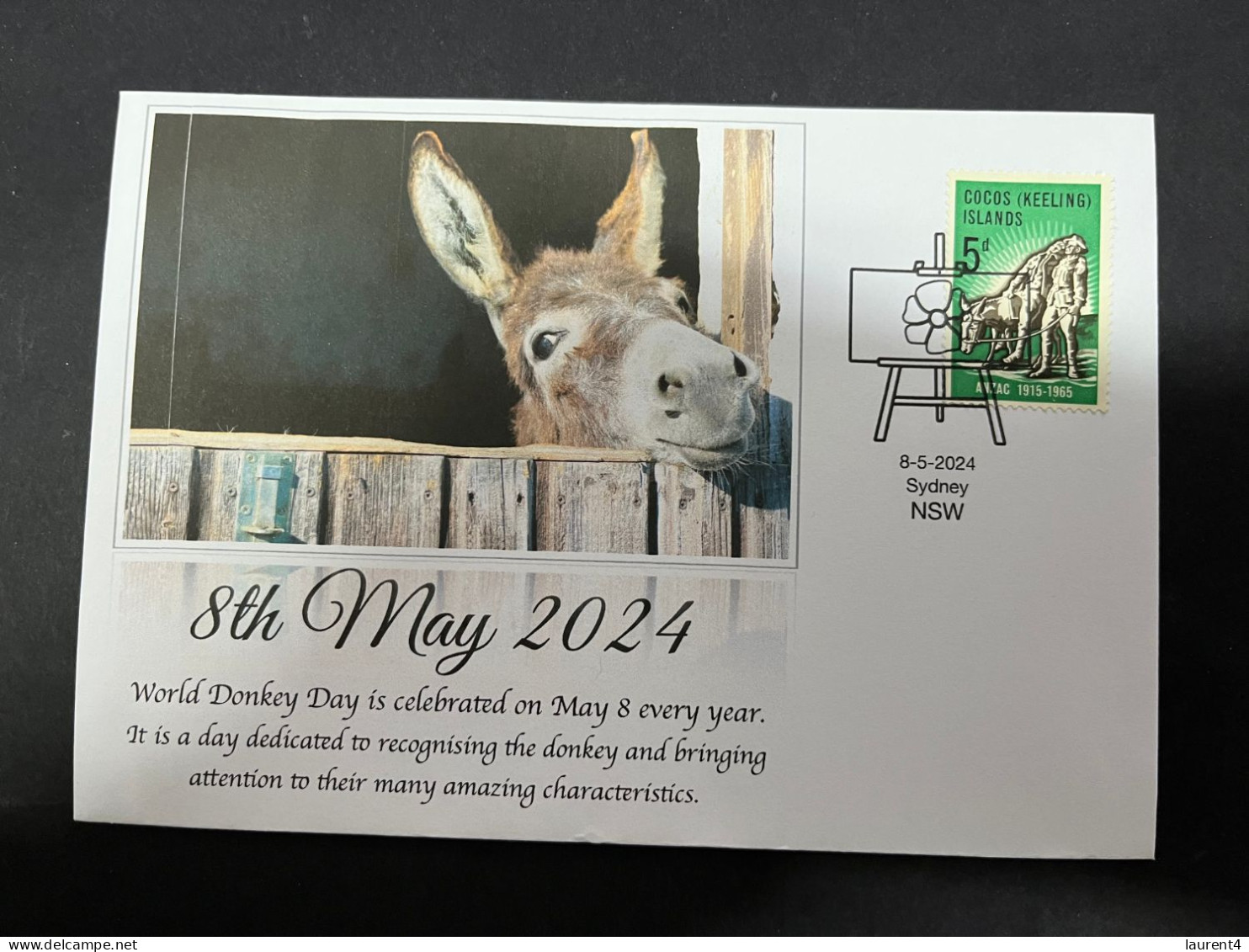 22-5-2024 (5 Z 47)  8th Of May Is " World Donkey Day " (with Cocos Islands - WWI ANZAC Medic With Donkey Stamp) - Farm