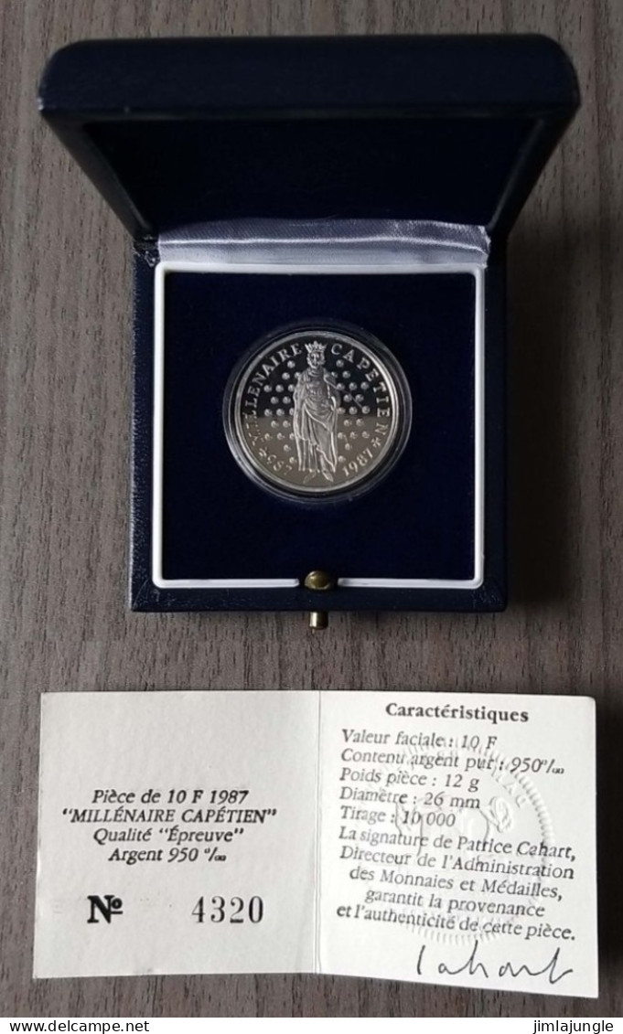 Superbe Pièce De 10F Argent De 1987 Millenaire Capetien En Coffret+certificat - 10 Francs