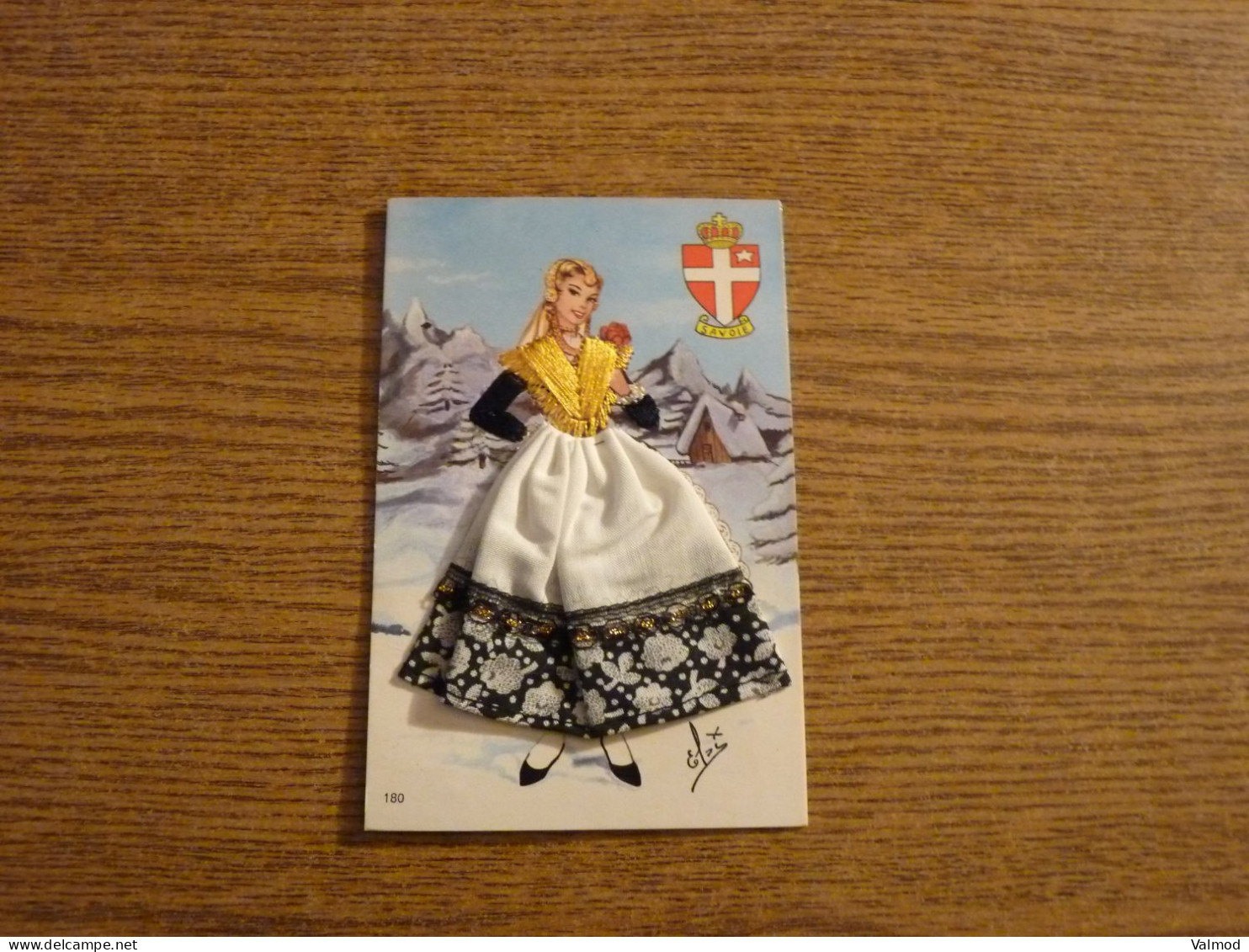 Carte Brodée "Savoie" - Jeune Femme Costume Brodé/Tissu- 10,5x15cm Env. - Bestickt
