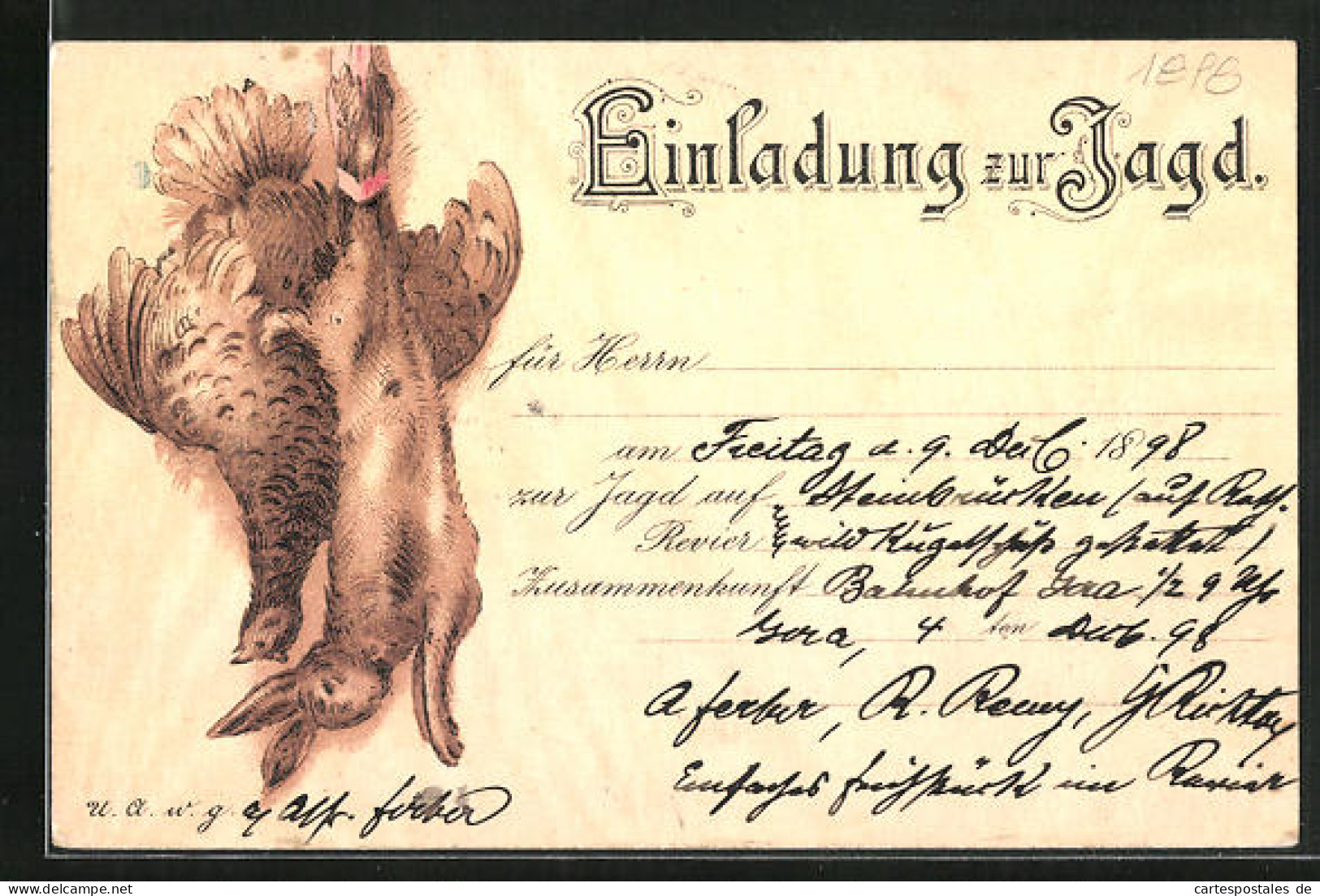 Lithographie Jagdeinladung, Hase Und Huhn  - Chasse
