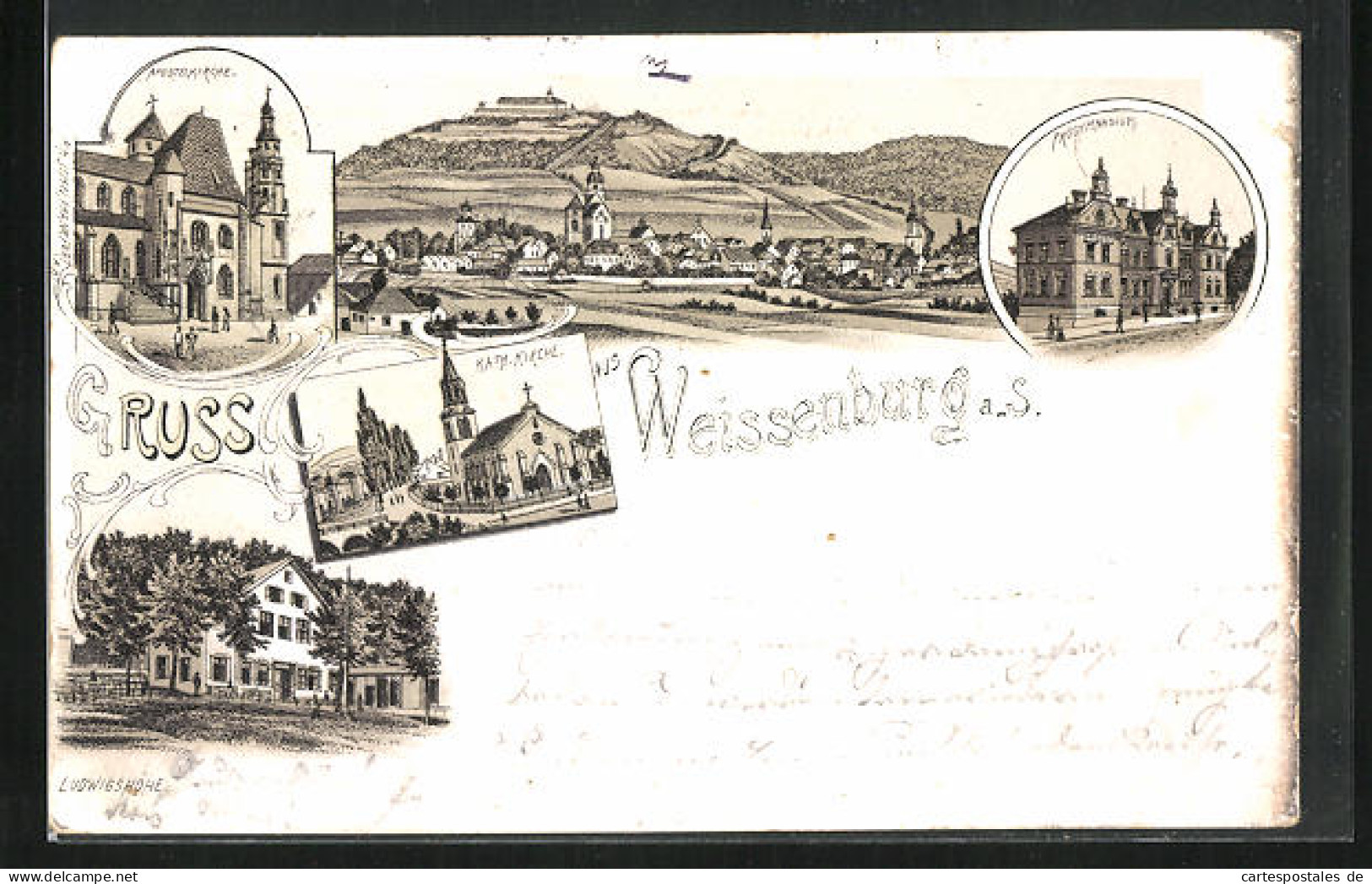 Lithographie Weissenburg A. S., Progymnasium, Kath. Kirche, Apostelkirche  - Weissenburg