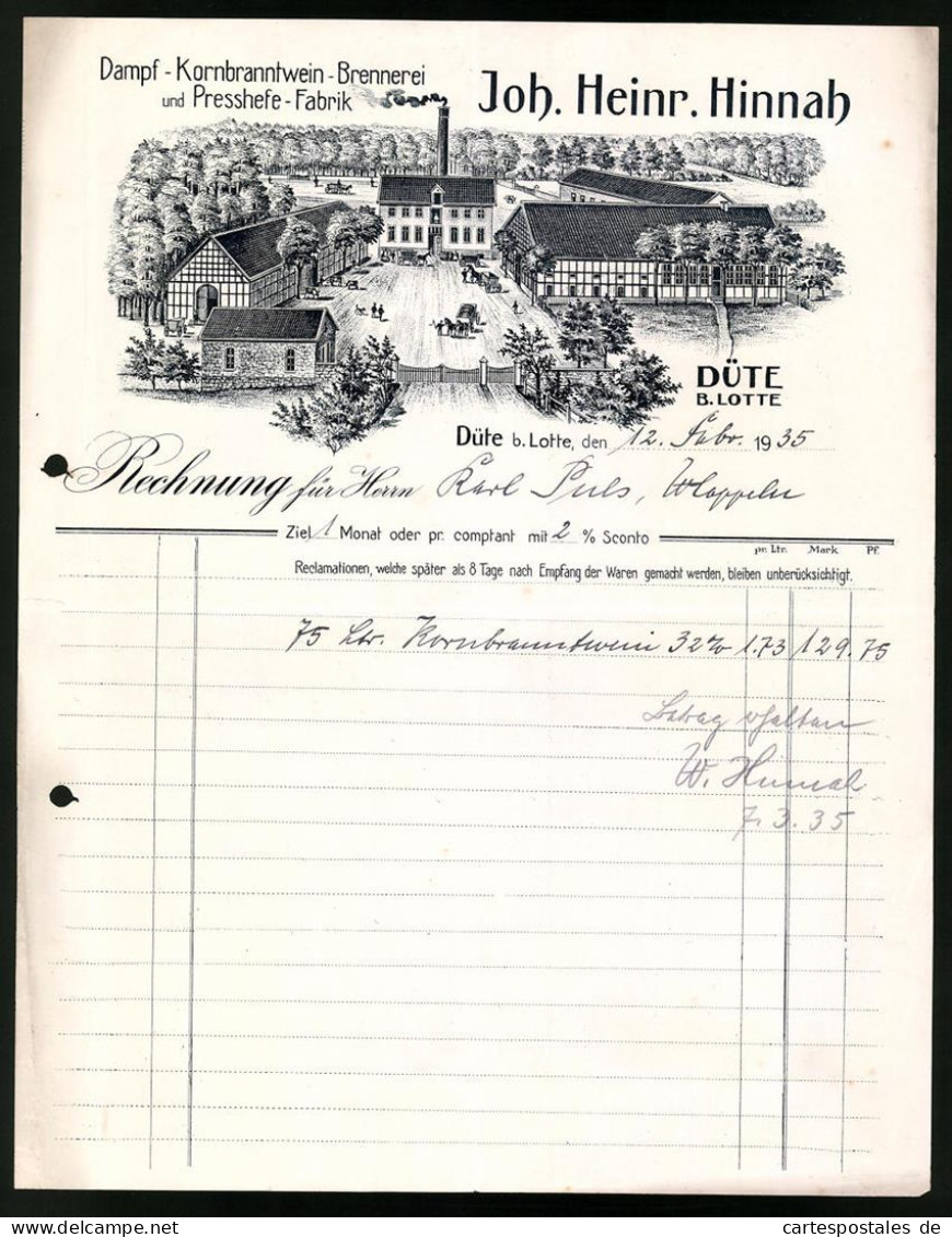 Rechnung Düte 1935, Dampf-Kornbranntwein-Brennerei, Joh. Heinr. Hinna, Blick Auf Die Brennerei  - Otros & Sin Clasificación