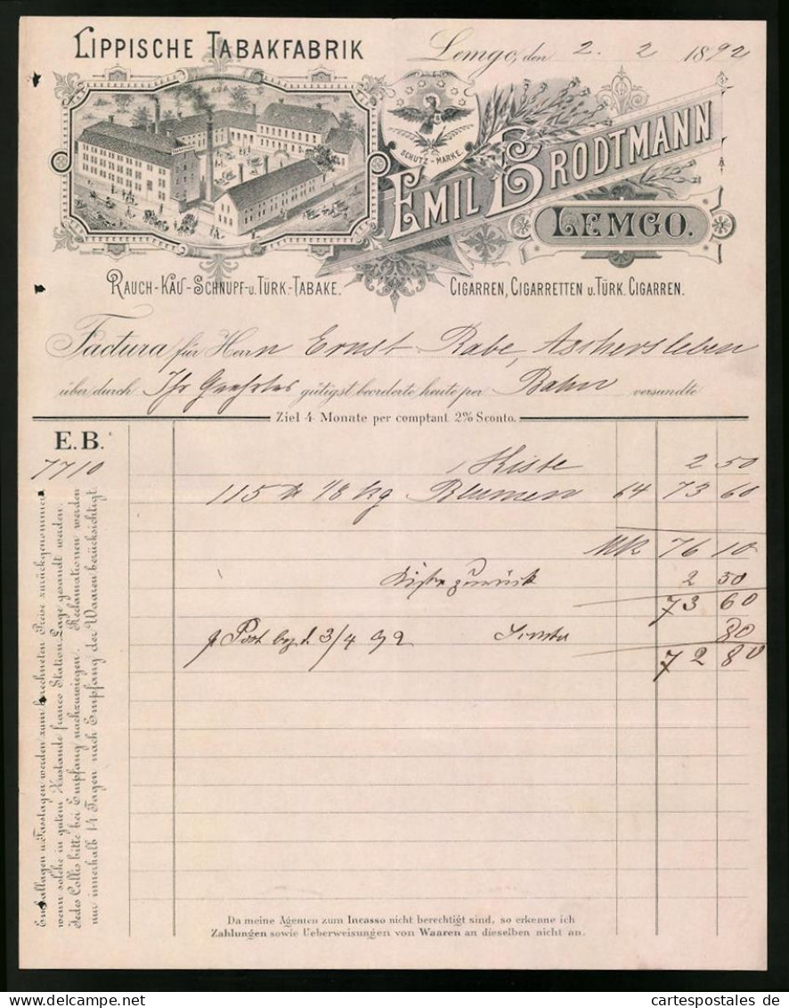 Rechnung Lemgo 1892, Lippische Tabakfabrik Emil Brodtmann, Rauch-Kau-Schnup Und Türk. Tabak, Werksansicht  - Autres & Non Classés