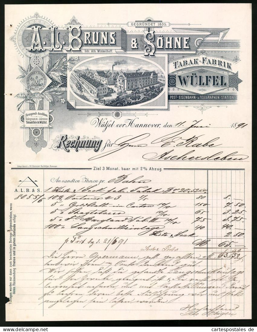 Rechnung Wülfel 1891, Tabak-Fabrik Wülfel, A. L. Bruns & Söhne, Werksansicht  - Autres & Non Classés