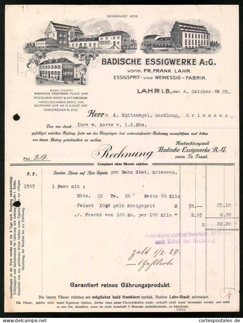 Rechnung Lahr I. B. 1928, Essigsprit- Und Weinessig Fabrik, Badische Essigwerke A.-G., Werksansichten  - Autres & Non Classés