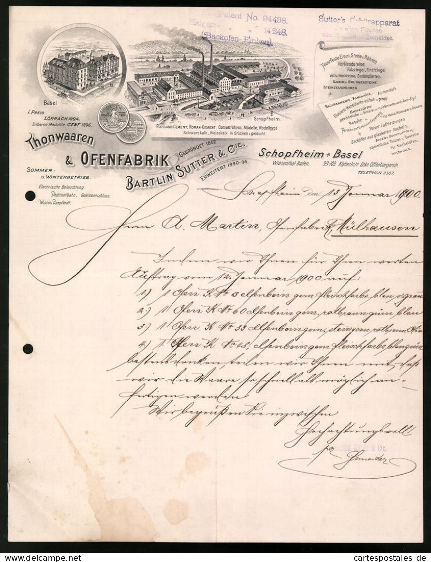 Rechnung Schopfheim 1900, Thonwaaren & Wofenfabrik Bartlin Sutter & Cie., Werksansichten  - Autres & Non Classés