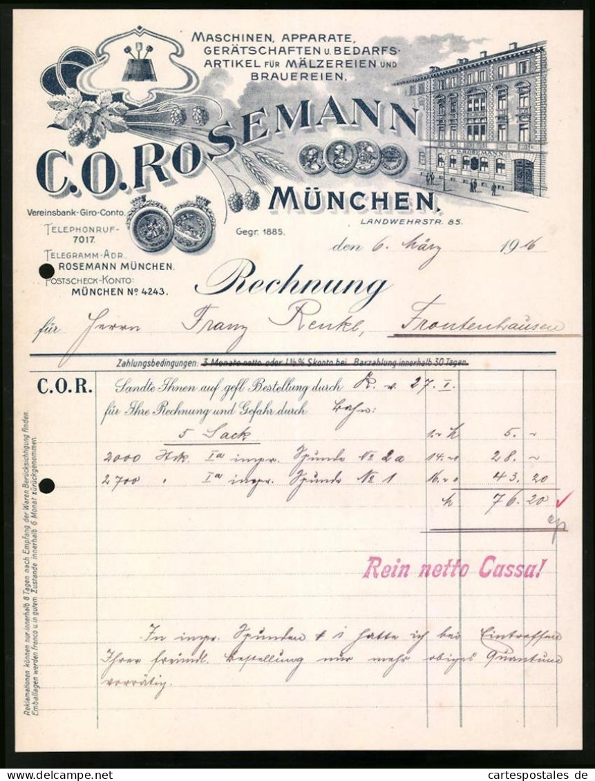 Rechnung München 1916, Maschinen Und Apparate Für Mälzerei Und Brauereien C. O. Rosemann, Verkaufshaus  - Autres & Non Classés