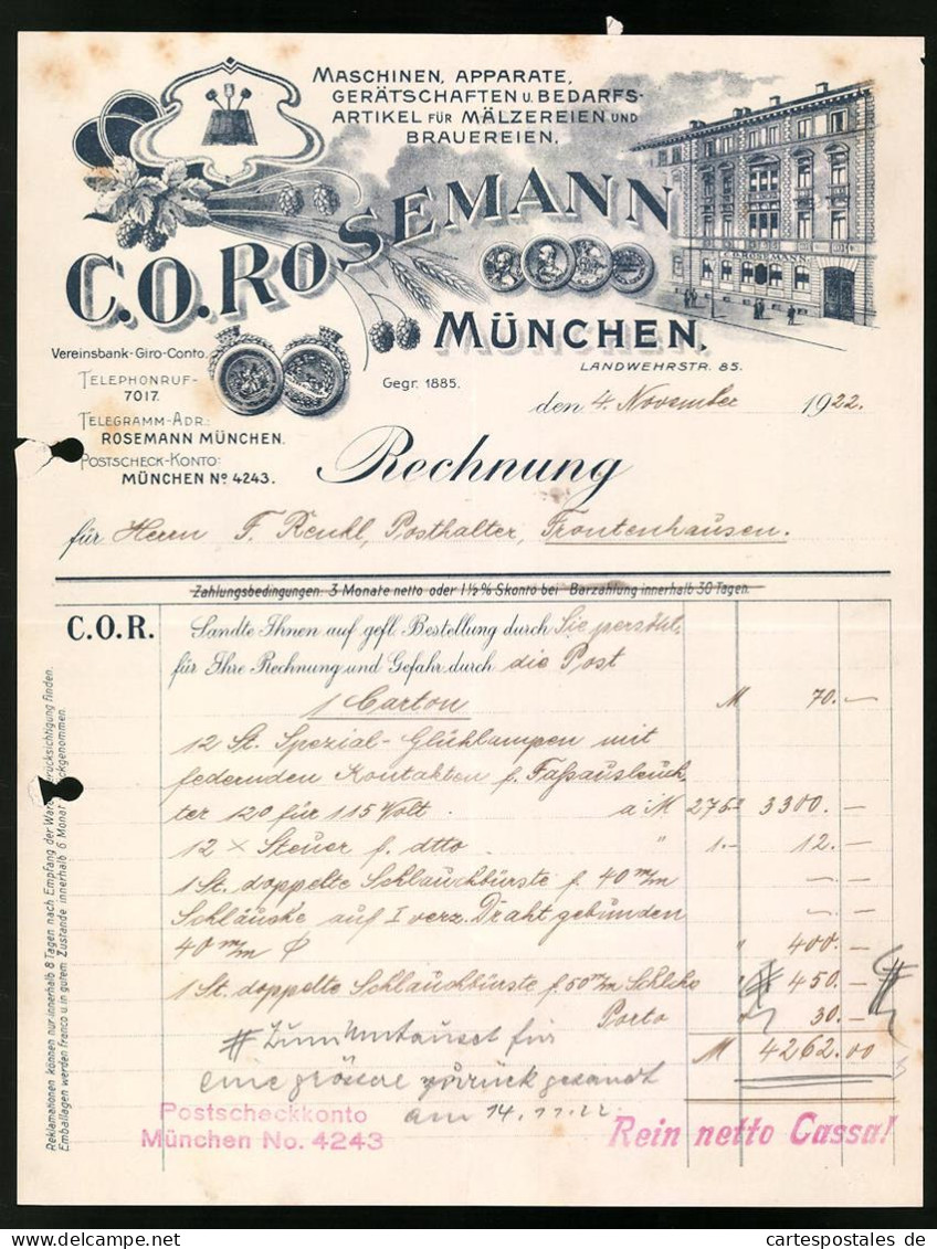 Rechnung München 1922, Maschinen, Apparate, Gerätschaften Für Mälzerei Und Brauereien C. O. Rosemann, Verkaufshaus  - Autres & Non Classés