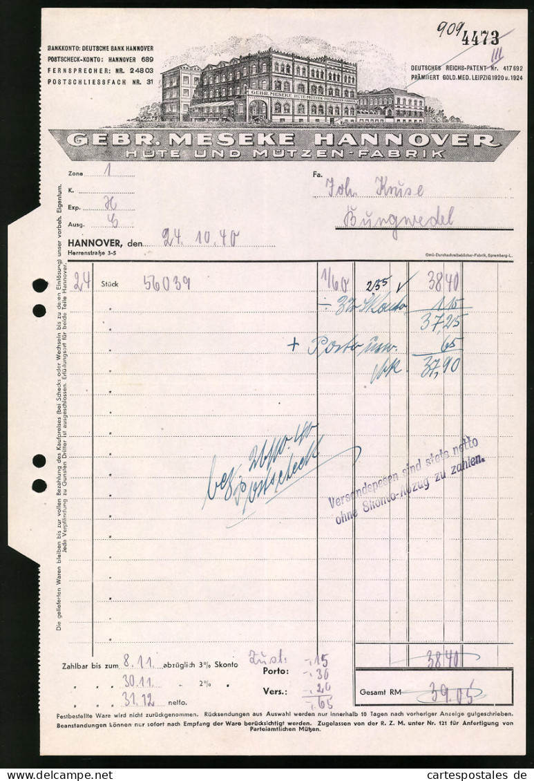 Rechnung Hannover 19440, Hüte Und Mützenfabrik Gebr. Meseke, Ansicht Des Werkes  - Autres & Non Classés