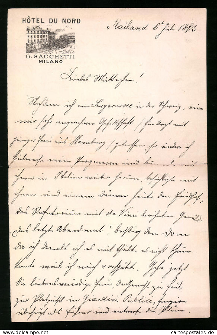 Lettera Milano 1893, Hotel Du Nord Von G. Sacchetti, Blick Auf Das Hotel  - Italie