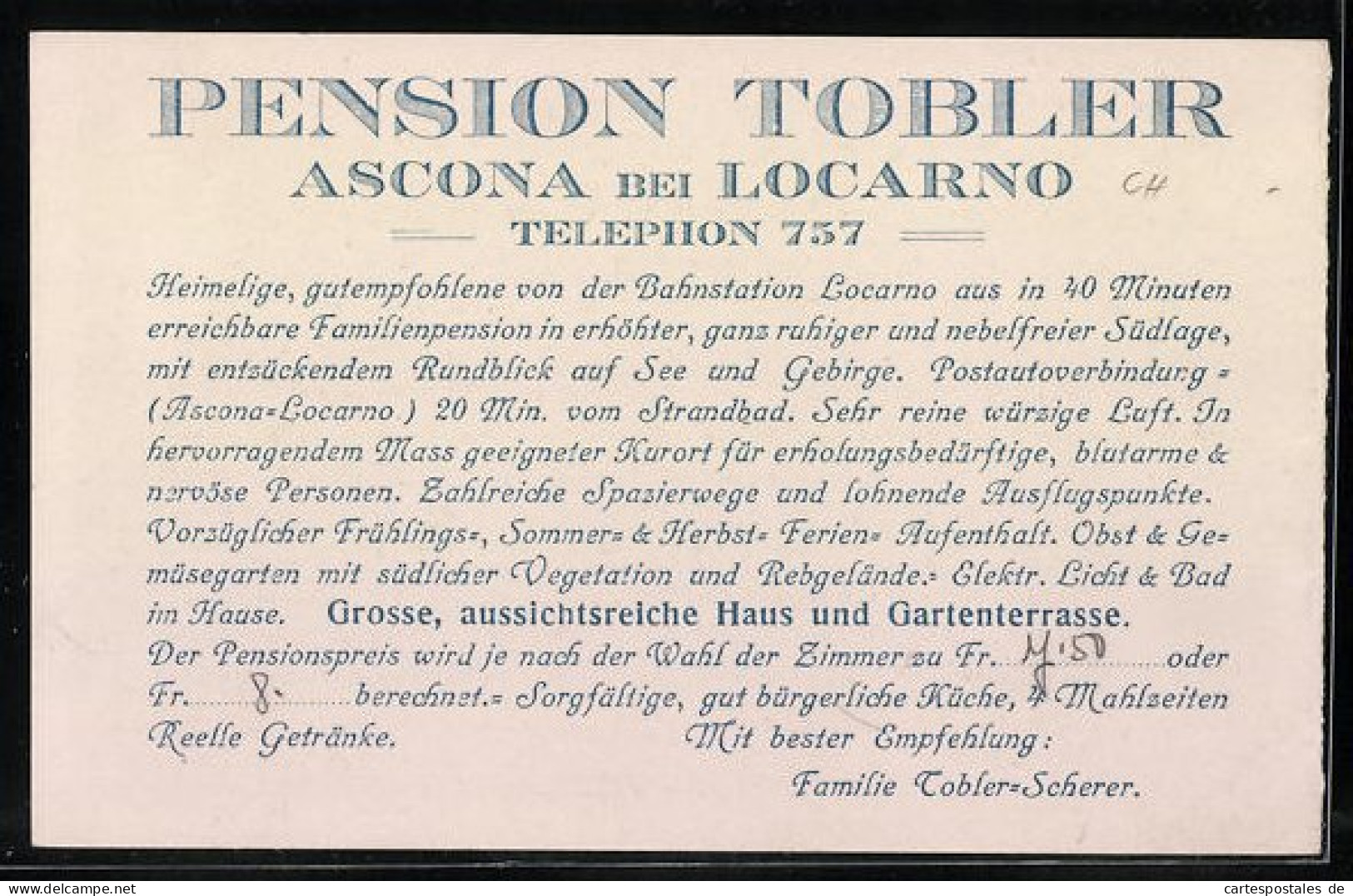 Vertreterkarte Ascona, Pension Tobler, Ausblick Von Der Terrasse  - Non Classés