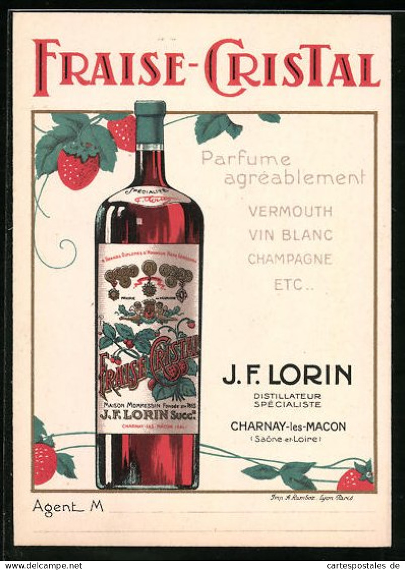 Carte De Représentant Charnay-les.Macon, Fraise-Cristal, J. F. Lorin, Parfum Agreablement, Vermouth, Vin Blanc, Champ  - Non Classés