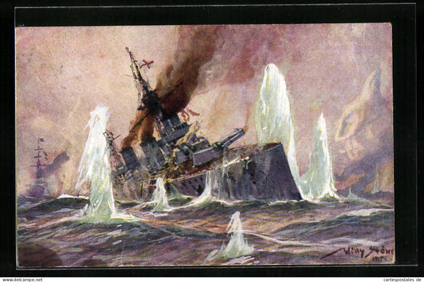 Artist's Pc Willy Stoewer: Englisches Kriegsschiff Im Salvenfeuer Deutscher Kreuzer, Seegefecht In Der Nordsee 1915  - Guerre