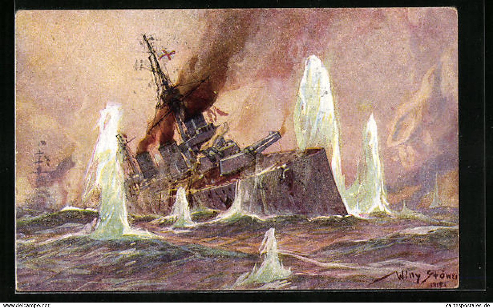 Artist's Pc Willy Stoewer: Englisches Kriegsschiff Im Salvenfeuer Deutscher Kreuzer, Seegefecht In Der Nordsee 1915  - Guerre