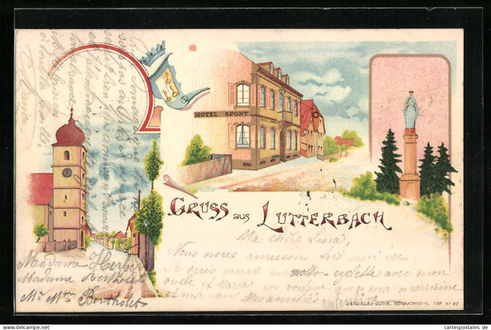 Lithographie Lutterbach, Hotel Spony, Vue De La Rue Bei Der L'Église  - Sonstige & Ohne Zuordnung