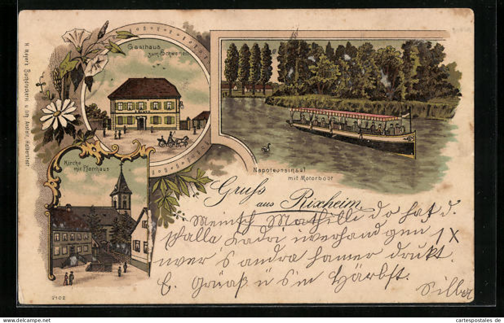 Lithographie Rixheim, Gasthaus Zum Schwanen, Napoleonsinsel Avec Motorboot  - Andere & Zonder Classificatie