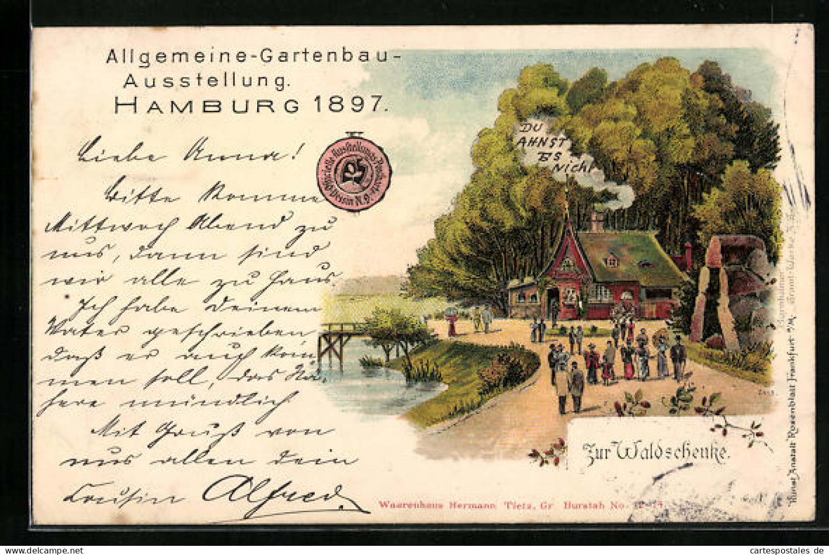 Lithographie Hamburg, Allgemeine-Gartenbau-Ausstellung 1897, Gasthaus Zur Waldschenke  - Ausstellungen