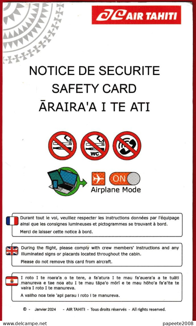 Air Tahiti / Consignes De Sécurité / Safety Card - Janvier 2024 - Sicherheitsinfos