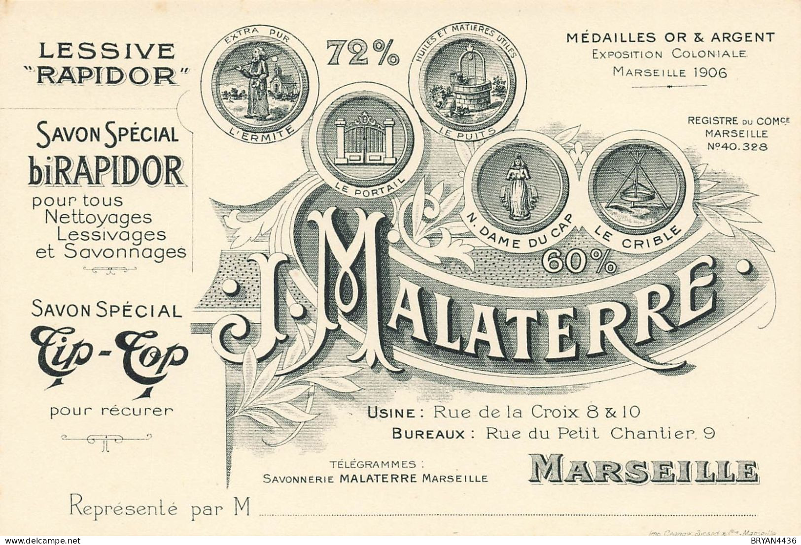 13 - MARSEILLE - SAVONNERIE MALATERRE - CARTE COMMERCIALE ANCIENNE - FORMAT CPA - TRES BON ETAT - Zonder Classificatie