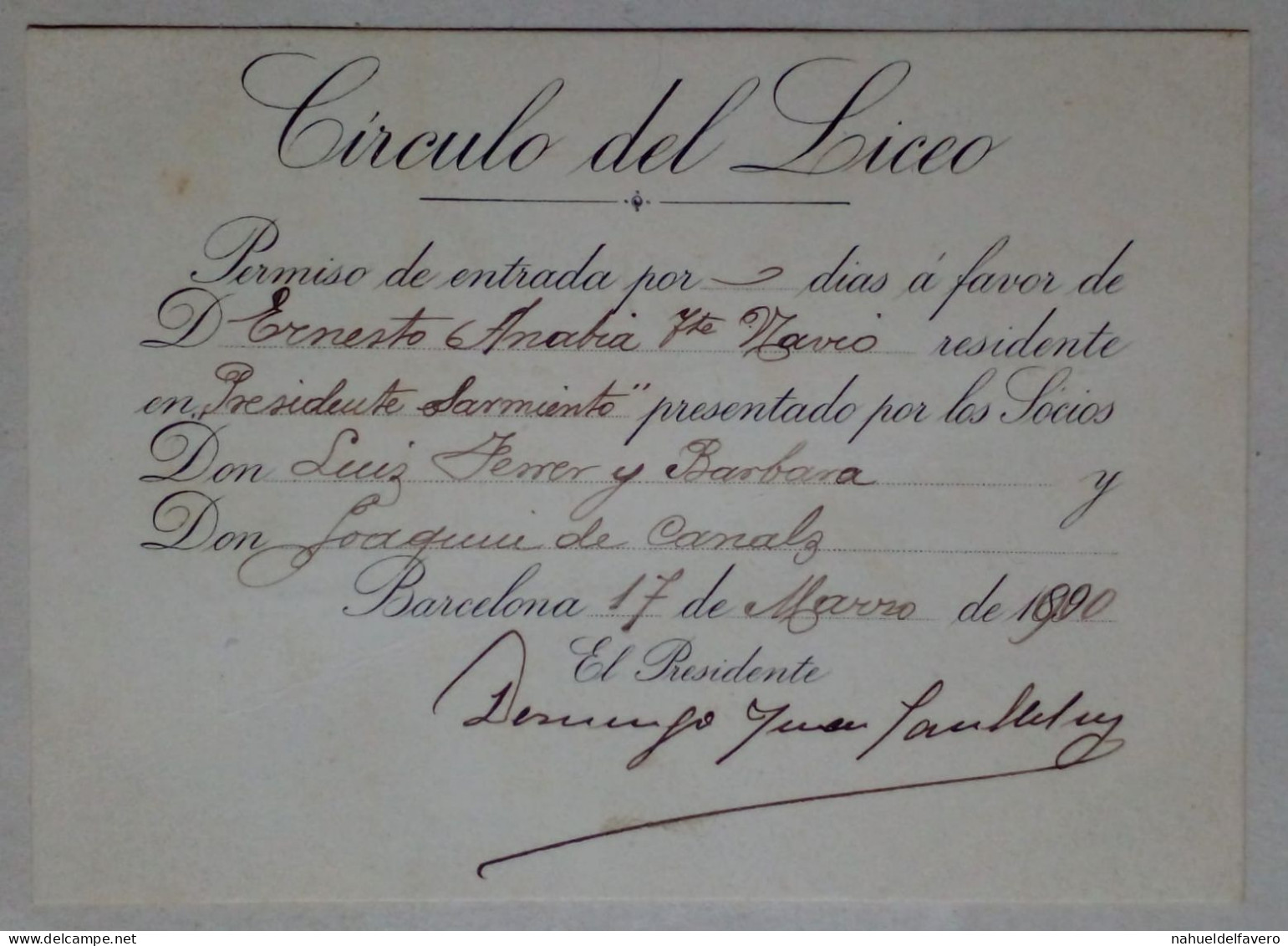 Permis D'admission Au Círculo Del Liceo De Barcelone (1900) - Cartes De Membre