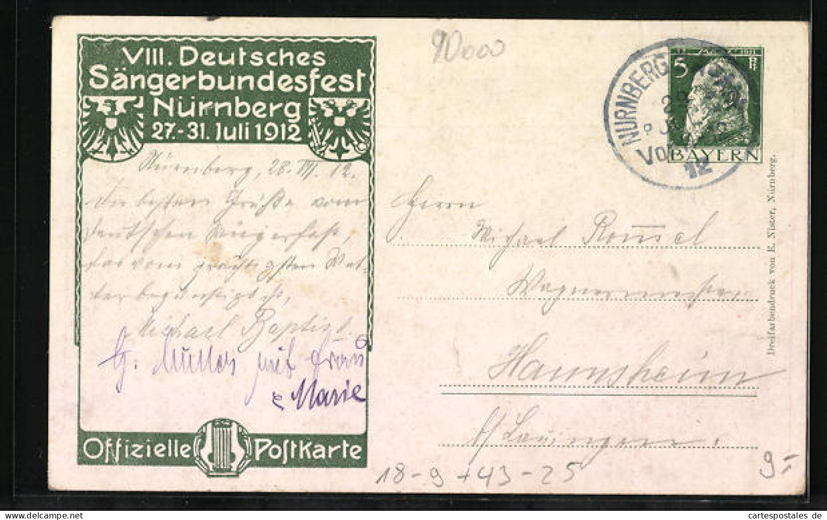 Künstler-AK Nürnberg, 8. Deutsches Sängerbundes-Fest 1912, Sängerhalle, Ganzsache Bayern  - Cartes Postales